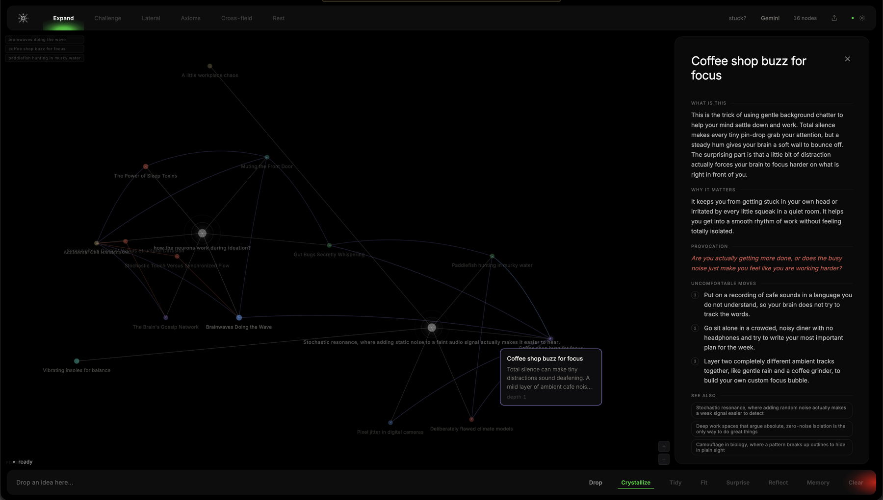 Fractal in use: a canvas of connected thoughts with one branch opened, showing what it is, why it matters, a provocation and three uncomfortable moves.